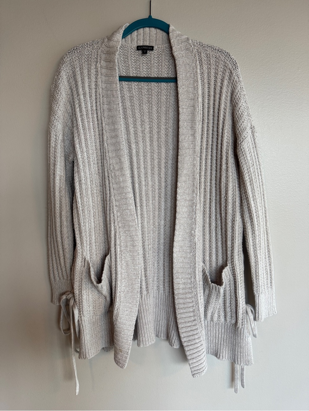 Express Lace Up Side Open Front Ribbed Knit Cardigan Sweater Oatmeal Small S